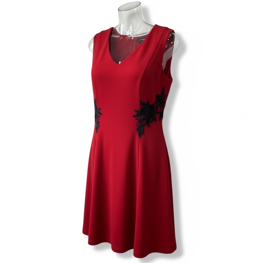 Liz Claiborne Women’s Deep Red Dress with Black Embroidered Roses Size 14